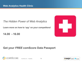 Web Analytics Health Clinic




The Hidden Power of Web Analytics

Learn more on how to ‘spy’ on your competitors!


14.00 - 16.00




Get your FREE comScore Data Passport


                 © comScore, Inc.   Proprietary.   18
 
