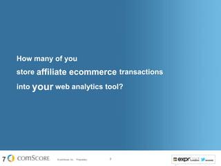 How many of you
    store affiliate ecommerce transactions

    into your web analytics tool?




7              © comScore, Inc.   Proprietary.   7
 
