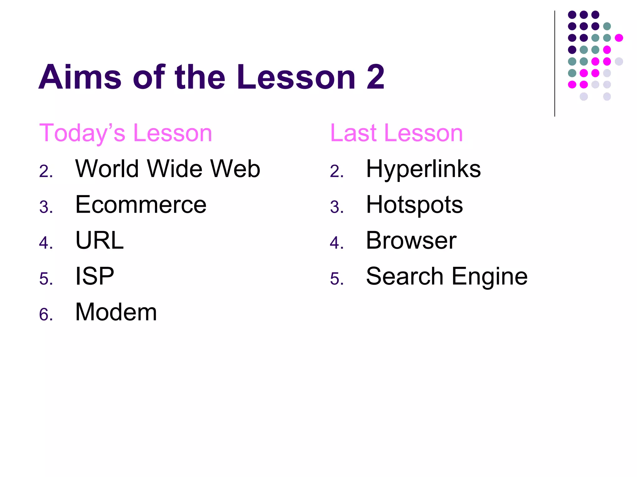 Aims of the Lesson 2 Last Lesson Hyperlinks Hotspots Browser Search Engine Today’s Lesson World Wide Web Ecommerce URL ISP Modem 