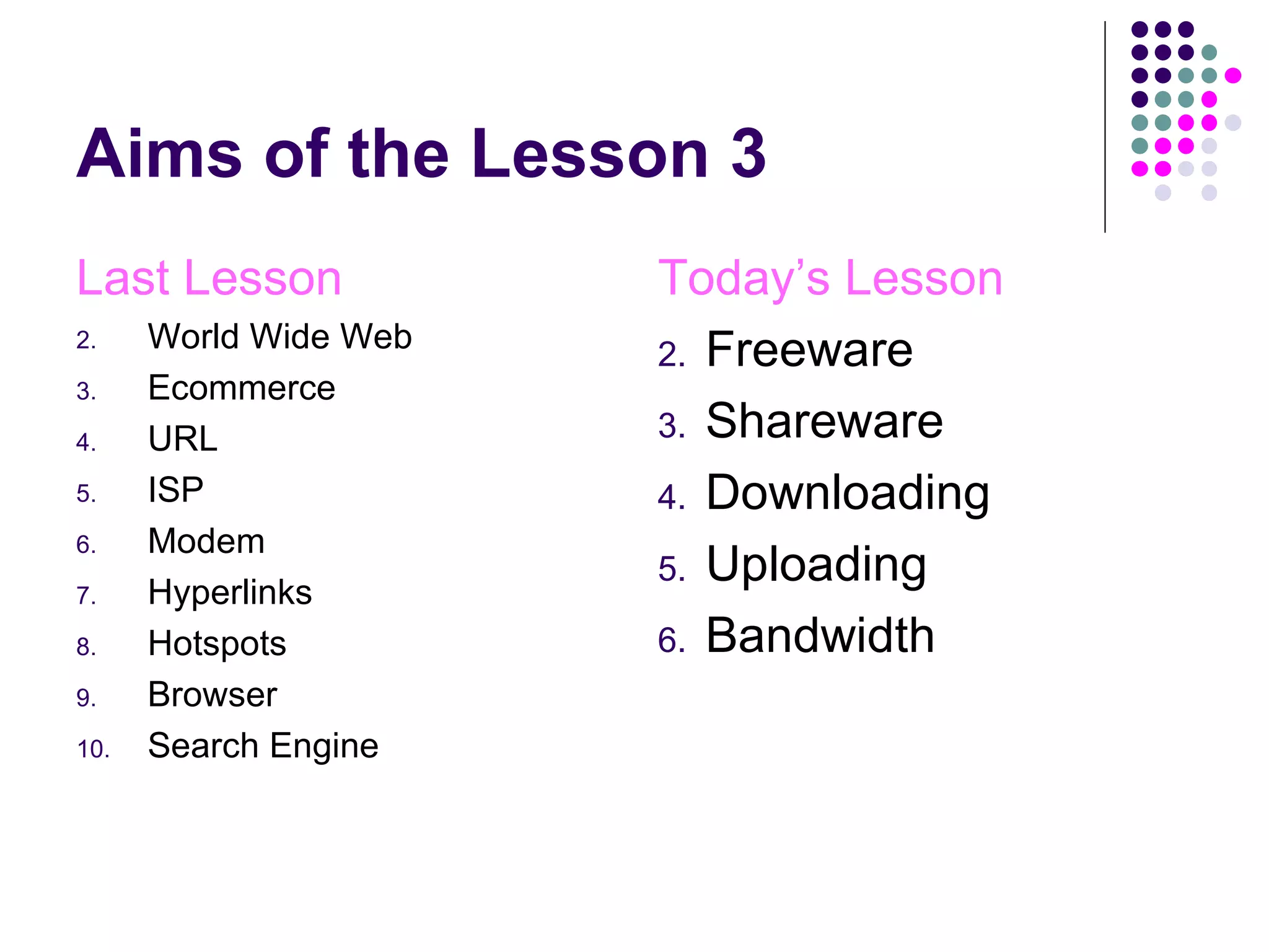 Aims of the Lesson 3 Last Lesson World Wide Web Ecommerce URL ISP Modem Hyperlinks Hotspots Browser Search Engine Today’s Lesson Freeware Shareware Downloading Uploading Bandwidth 