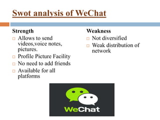 Swot analysis of WeChat 
Strength 
 Allows to send 
videos,voice notes, 
pictures. 
 Profile Picture Facility 
 No need to add friends 
 Available for all 
platforms 
Weakness 
 Not diversified 
 Weak distribution of 
network 
 