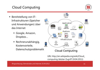 Cloud Computing

Bereitstellung von IT-
Infrastrukturen (Speicher
und Anwendungen) über
das Internet
     Google, Amazon,
     Dropbox…
     Rechnerunabhängig,
     Kostenvorteile,
     Datenschutzproblematik

                                              URL http://en.wikipedia.org/wiki/Cloud_
                                              computing (letzter Zugriff 19.04.2011)

Ringvorlesung: Demokratie und Internet 25.04.2012                                  31
 