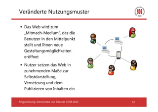 Veränderte Nutzungsmuster

    Das Web wird zum
    „Mitmach-Medium“, das die
    Benutzer in den Mittelpunkt
    stellt und Ihnen neue
    Gestaltungsmöglichkeiten
    eröffnet
    Nutzer setzen das Web in
    zunehmenden Maße zur
    Selbstdarstellung,
    Vernetzung und dem
    Publizieren von Inhalten ein


Ringvorlesung: Demokratie und Internet 25.04.2012   32
 