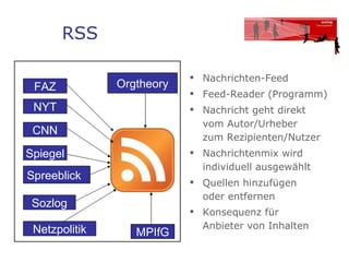 RSS Nachrichten-Feed Feed-Reader (Programm) Nachricht geht direkt  vom Autor/Urheber  zum Rezipienten/Nutzer Nachrichtenmix wird individuell ausgewählt Quellen hinzufügen oder entfernen Konsequenz für  Anbieter von Inhalten   FAZ NYT Netzpolitik Spiegel MPIfG Spreeblick Orgtheory Sozlog CNN 