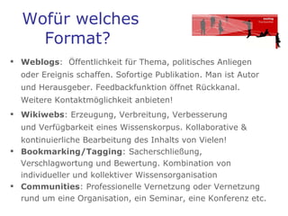 Wofür welches Format?  Weblogs :  Öffentlichkeit für Thema, politisches Anliegen oder Ereignis schaffen. Sofortige Publikation. Man ist Autor und Herausgeber. Feedbackfunktion öffnet Rückkanal. Weitere Kontaktmöglichkeit anbieten!  Wikiwebs : Erzeugung, Verbreitung, Verbesserung  und Verfügbarkeit eines Wissenskorpus. Kollaborative & kontinuierliche Bearbeitung des Inhalts von Vielen!  Bookmarking/Tagging : Sacherschließung, Verschlagwortung und Bewertung. Kombination von individueller und kollektiver Wissensorganisation Communities : Professionelle Vernetzung oder Vernetzung rund um eine Organisation, ein Seminar, eine Konferenz etc.  