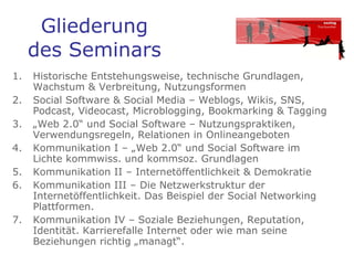 Gliederung des Seminars Historische Entstehungsweise, technische Grundlagen, Wachstum & Verbreitung, Nutzungsformen Social Software & Social Media – Weblogs, Wikis, SNS, Podcast, Videocast, Microblogging, Bookmarking & Tagging „ Web 2.0“ und Social Software – Nutzungspraktiken, Verwendungsregeln, Relationen in Onlineangeboten Kommunikation I – „Web 2.0“ und Social Software im Lichte kommwiss. und kommsoz. Grundlagen Kommunikation II – Internetöffentlichkeit & Demokratie Kommunikation III – Die Netzwerkstruktur der Internetöffentlichkeit. Das Beispiel der Social Networking Plattformen.  Kommunikation IV – Soziale Beziehungen, Reputation, Identität. Karrierefalle Internet oder wie man seine Beziehungen richtig „managt“.  