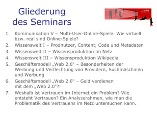 Gliederung des Seminars Kommunikation V – Multi-User-Online-Spiele. Wie virtuell bzw. real sind Online-Spiele?  Wissenswelt I – Prodnutzer, Content, Code und Metadaten Wissenswelt II – Wissensproduktion im Netz Wissenswelt III – Wissensproduktion Wikipedia  Geschäftsmodell „Web 2.0“ – Besonderheiten der  Werbung und Verflechtung von Providern, Suchmaschinen und Werbung  Geschäftsmodell „Web 2.0“ – Geld verdienen  mit dem „Web 2.0“?! Weshalb ist Vertrauen im Internet ein Problem? Wie entsteht Vertrauen? Ein Analyserahmen, wie man die Problematik des Vertrauens im Netz untersuchen kann. 
