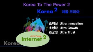 Korea 2 제곱 코리아
초혁신 Ultra Innovation
초성장 Ultra Growth
초공정 Ultra Trust
Internet 2of the People
Korea
20
Korea To The Power 2
 