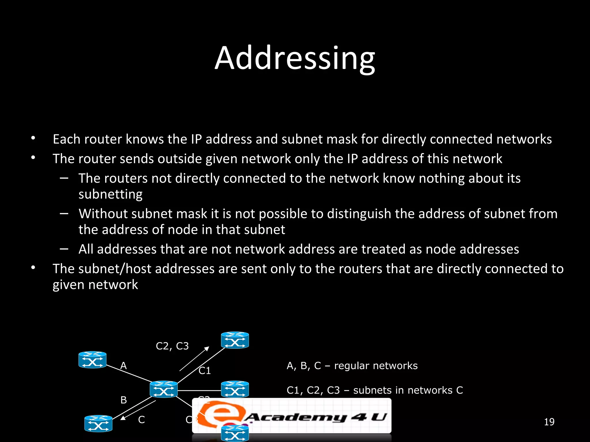Addressing • Each router knows the IP address and subnet mask for directly connected networks • The router sends outside given network only the IP address of this network – The routers not directly connected to the network know nothing about its subnetting – Without subnet mask it is not possible to distinguish the address of subnet from the address of node in that subnet – All addresses that are not network address are treated as node addresses • The subnet/host addresses are sent only to the routers that are directly connected to given network C2, C3 A A, B, C – regular networks C1 C1, C2, C3 – subnets in networks C B C2 C C3 19 