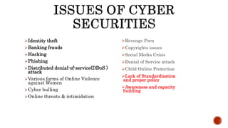 Identity theft
Banking frauds
Hacking
Phishing
Distributed denial-of-service(DDoS )
attack
Various forms of Online Violence
against Women
Cyber bulling
Online threats & intimidation
Revenge Porn
Copyrights issues
Social Media Crisis
Denial of Service attack
Child Online Protection
Lack of Standardization
and proper policy
Awareness and capacity
building
 