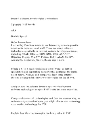 Internet Systems Technologies Comparison
3 page(s) / 825 Words
APA
Double Spaced
Order Instructions
Pine Valley Furniture wants to use Internet systems to provide
value to its customers and staff. There are many software
technologies available to internet systems development teams,
including SOAP, HTML, JSON, XML, CSS, ASP.NET,
Objective C, php, JAVA™, Python, Ruby, AJAX, Swift™,
AngularJS, Bootstrap, jQuery, R, and many more.
Create a 3- to 4-page comparison table (Word) or tabbed
spreadsheet and supporting narrative that addresses the items
listed below. Analyze and compare at least three internet
systems development software technologies for use at PVF.
Analyze how the selected internet systems development
software technologies support PVF’s core business processes.
Compare the selected technologies and then the reasons why, as
an internet systems developer, you might choose one technology
over another technology for PVF.
Explain how these technologies can bring value to PVF.
 
