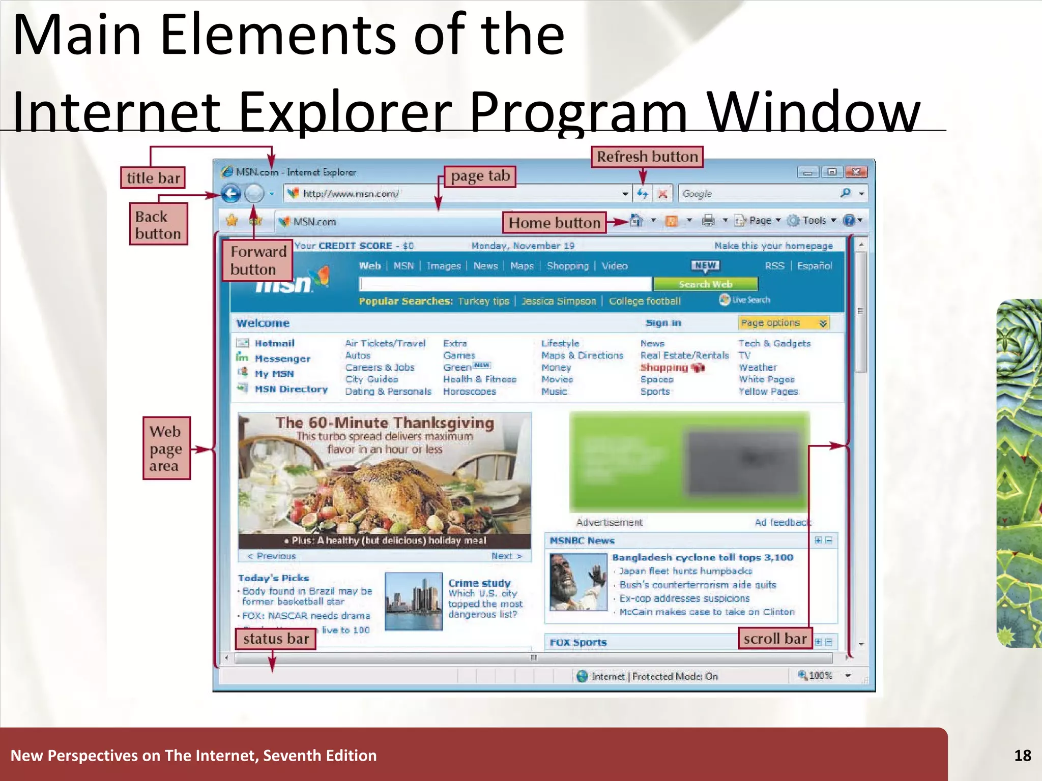 Main Elements of the  Internet Explorer Program Window New Perspectives on The Internet, Seventh Edition 