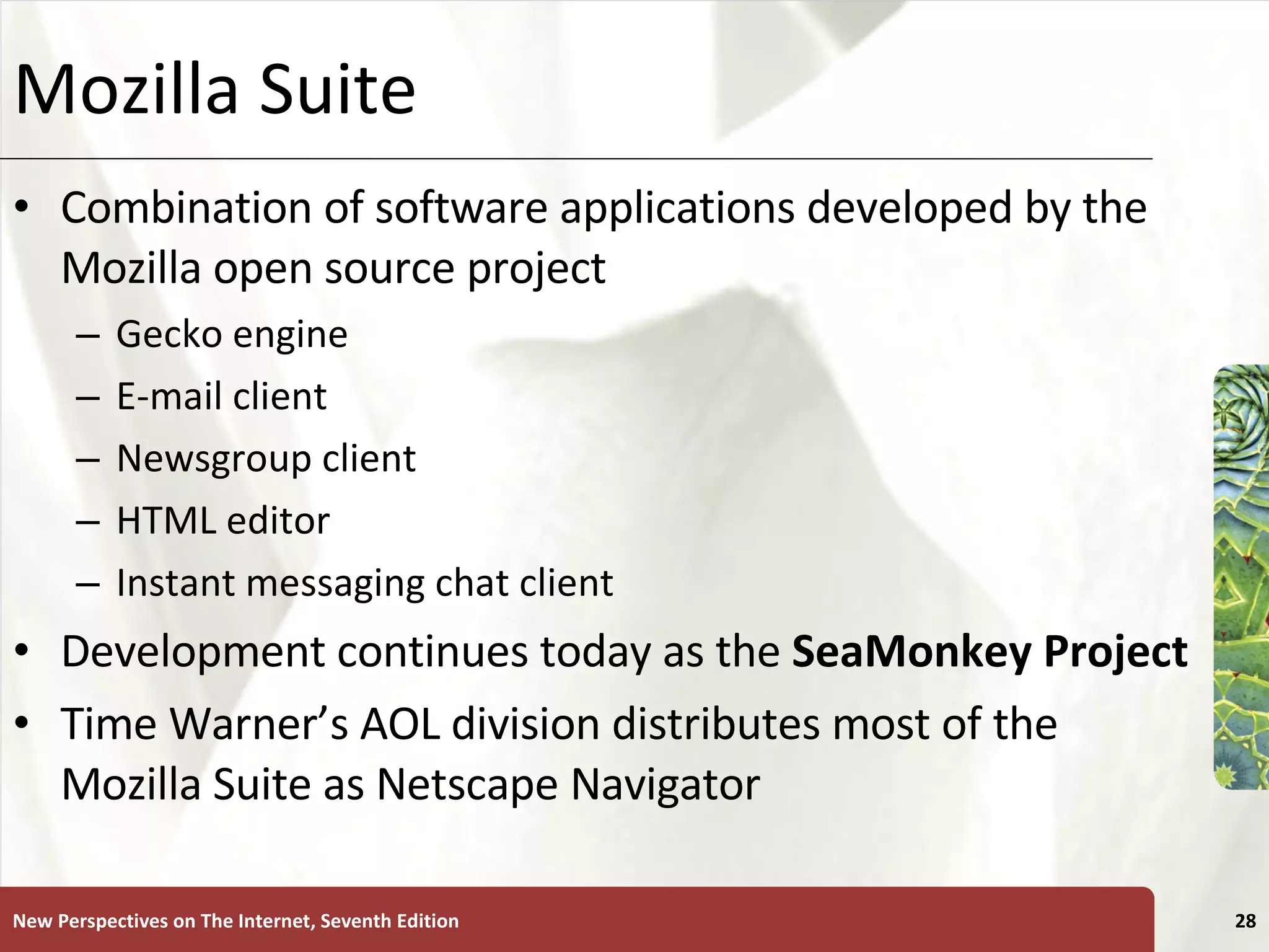 Mozilla Suite Combination of software applications developed by the Mozilla open source project Gecko engine E-mail client Newsgroup client HTML editor Instant messaging chat client Development continues today as the  SeaMonkey Project Time Warner’s AOL division distributes most of the Mozilla Suite as Netscape Navigator New Perspectives on The Internet, Seventh Edition 