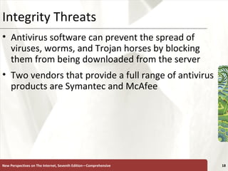 Integrity Threats Antivirus software can prevent the spread of viruses, worms, and Trojan horses by blocking them from being downloaded from the server Two vendors that provide a full range of antivirus products are Symantec and McAfee New Perspectives on The Internet, Seventh Edition—Comprehensive 