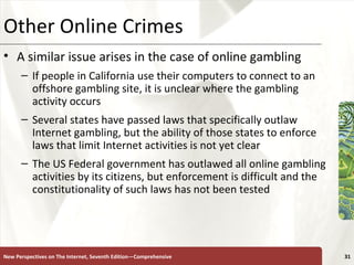 Other Online Crimes A similar issue arises in the case of online gambling   If people in California use their computers to connect to an offshore gambling site, it is unclear where the gambling activity occurs Several states have passed laws that specifically outlaw Internet gambling, but the ability of those states to enforce laws that limit Internet activities is not yet clear  The US Federal government has outlawed all online gambling activities by its citizens, but enforcement is difficult and the constitutionality of such laws has not been tested New Perspectives on The Internet, Seventh Edition—Comprehensive 