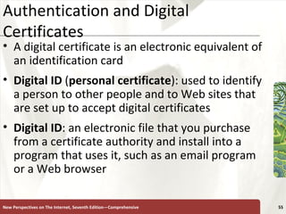 Authentication and Digital Certificates A digital certificate is an electronic equivalent of an identification card Digital ID  ( personal certificate ): used to identify a person to other people and to Web sites that are set up to accept digital certificates Digital   ID : an electronic file that you purchase from a certificate authority and install into a program that uses it, such as an email program or a Web browser New Perspectives on The Internet, Seventh Edition—Comprehensive 