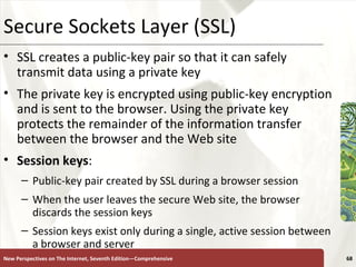 Secure Sockets Layer (SSL) SSL creates a public-key pair so that it can safely transmit data using a private key The private key is encrypted using public-key encryption and is sent to the browser. Using the private key protects the remainder of the information transfer between the browser and the Web site Session keys :  Public-key pair created by SSL during a browser session When the user leaves the secure Web site, the browser discards the session keys Session keys exist only during a single, active session between a browser and server New Perspectives on The Internet, Seventh Edition—Comprehensive 