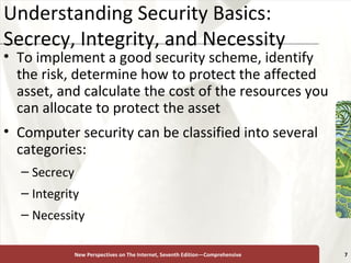 Understanding Security Basics: Secrecy, Integrity, and Necessity To implement a good security scheme, identify the risk, determine how to protect the affected asset, and calculate the cost of the resources you can allocate to protect the asset Computer security can be classified into several categories: Secrecy Integrity Necessity New Perspectives on The Internet, Seventh Edition—Comprehensive 