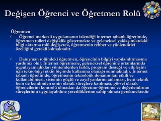 Değişen Öğrenci ve Öğretmen Rolü Öğretmen Öğrenci merkezli uygulamanın izlendiği internet tabanlı öğretimde, öğretmen rolleri değişiklik göstermekte ve geleneksel yaklaşımlardaki bilgi aktarma rolü değişerek, öğretmenin rehber ve yönlendirici özelliğini gerekli kılmaktadır. Danışman rolündeki öğretmen, öğrencinin bilgiyi yapılandırmasına yardımcı olur. İnternet öğretmene, geleneksel öğrenme ortamlarında uygulayamadıkları yöntemlerden farklı, program desteği ve etkileşim için teknolojiyi etkin biçimde kullanma olanağı sunmaktadır. İnternet tabanlı öğretimde, öğretmenin teknolojik donanımları etkili ve kullanabilmesi, sistemin güçlü ve zayıf yanlarını anlaması, hem teknik hem de kendinden emin olarak süreçlere katılması, görsel olarak öğrencilerim kontrolü olmadan da öğretme-öğrenme ve değerlendirme süreçlerinin uygulayabilme yeterliliklerine sahip olması gerekmektedir  