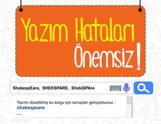 ShakespEare, SHEKSPARE, ShekiSPAre
Yazımı düzeltilmiş su sorgu için sonuçları görüyorsunuz :
shakespeare
....
 