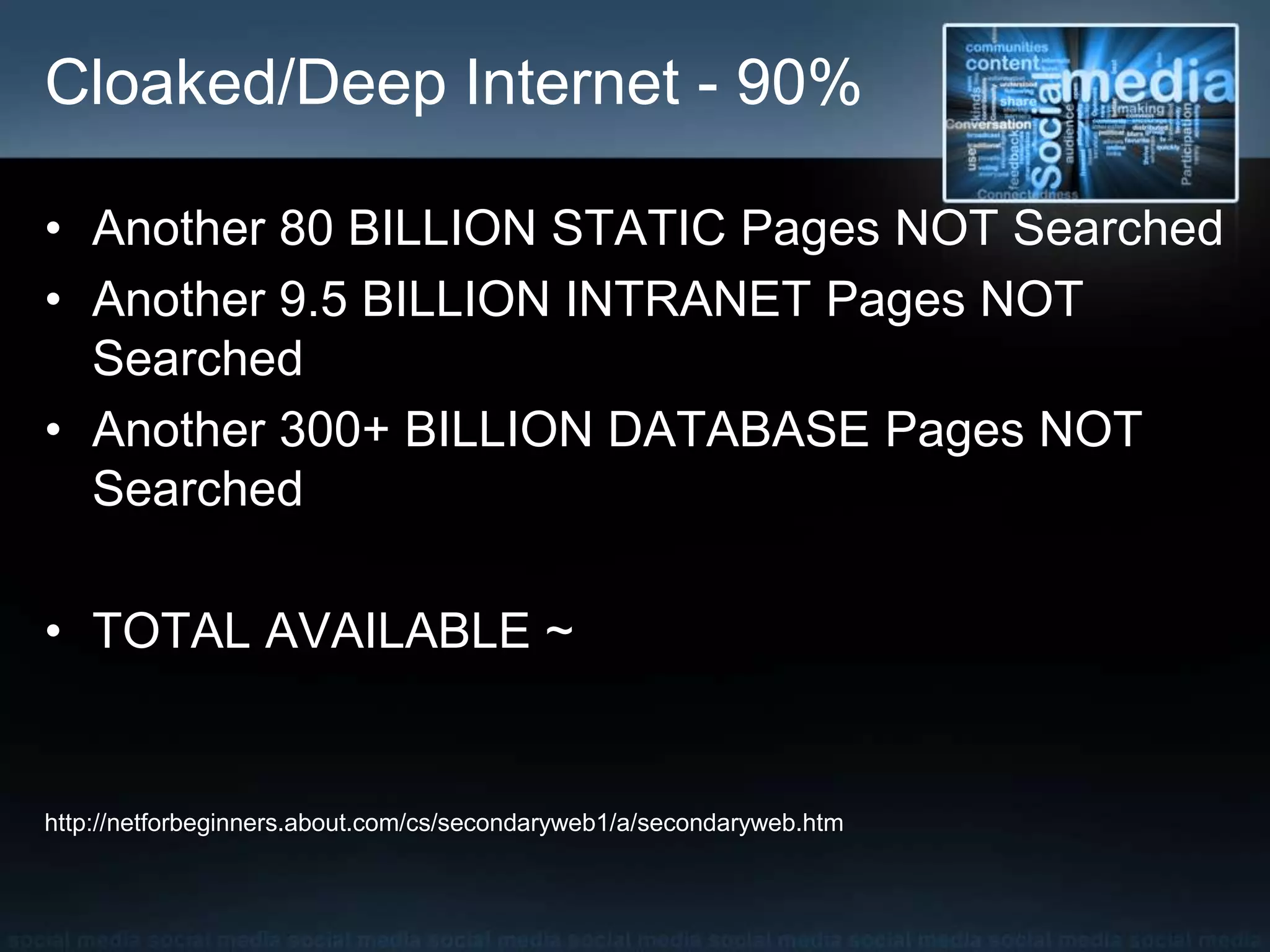 Cloaked/Deep Internet - 90%
• Another 80 BILLION STATIC Pages NOT Searched
• Another 9.5 BILLION INTRANET Pages NOT
Searched
• Another 300+ BILLION DATABASE Pages NOT
Searched
• TOTAL AVAILABLE ~
http://netforbeginners.about.com/cs/secondaryweb1/a/secondaryweb.htm
 
