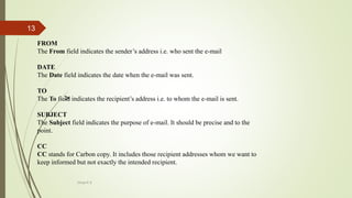 >
FROM
The From field indicates the sender’s address i.e. who sent the e-mail
DATE
The Date field indicates the date when the e-mail was sent.
TO
The To field indicates the recipient’s address i.e. to whom the e-mail is sent.
SUBJECT
The Subject field indicates the purpose of e-mail. It should be precise and to the
point.
CC
CC stands for Carbon copy. It includes those recipient addresses whom we want to
keep informed but not exactly the intended recipient.
Divya K.S
13
 