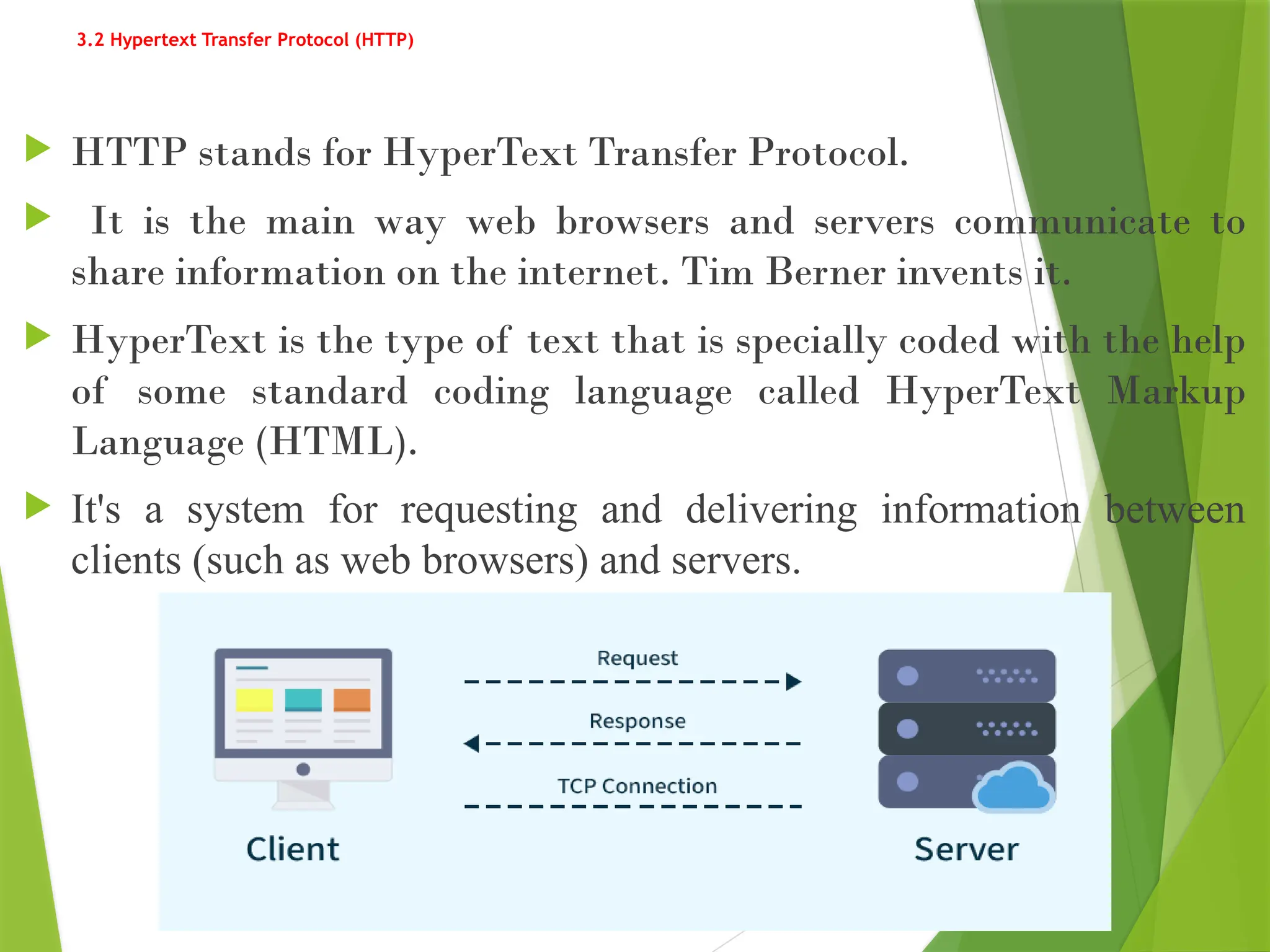 3.2 Hypertext Transfer Protocol (HTTP)
 HTTP stands for HyperText Transfer Protocol.
 It is the main way web browsers and servers communicate to
share information on the internet. Tim Berner invents it.
 HyperText is the type of text that is specially coded with the help
of some standard coding language called HyperText Markup
Language (HTML).
 It's a system for requesting and delivering information between
clients (such as web browsers) and servers.
 