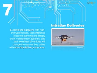 7
Intraday Deliveries
E-commerce players with highend warehouses, fast enterprise
resource planning and supply
chain management systems, and
their own fleet of vehicles will
change the way we buy online
with one-day delivery services.

Amazon

 