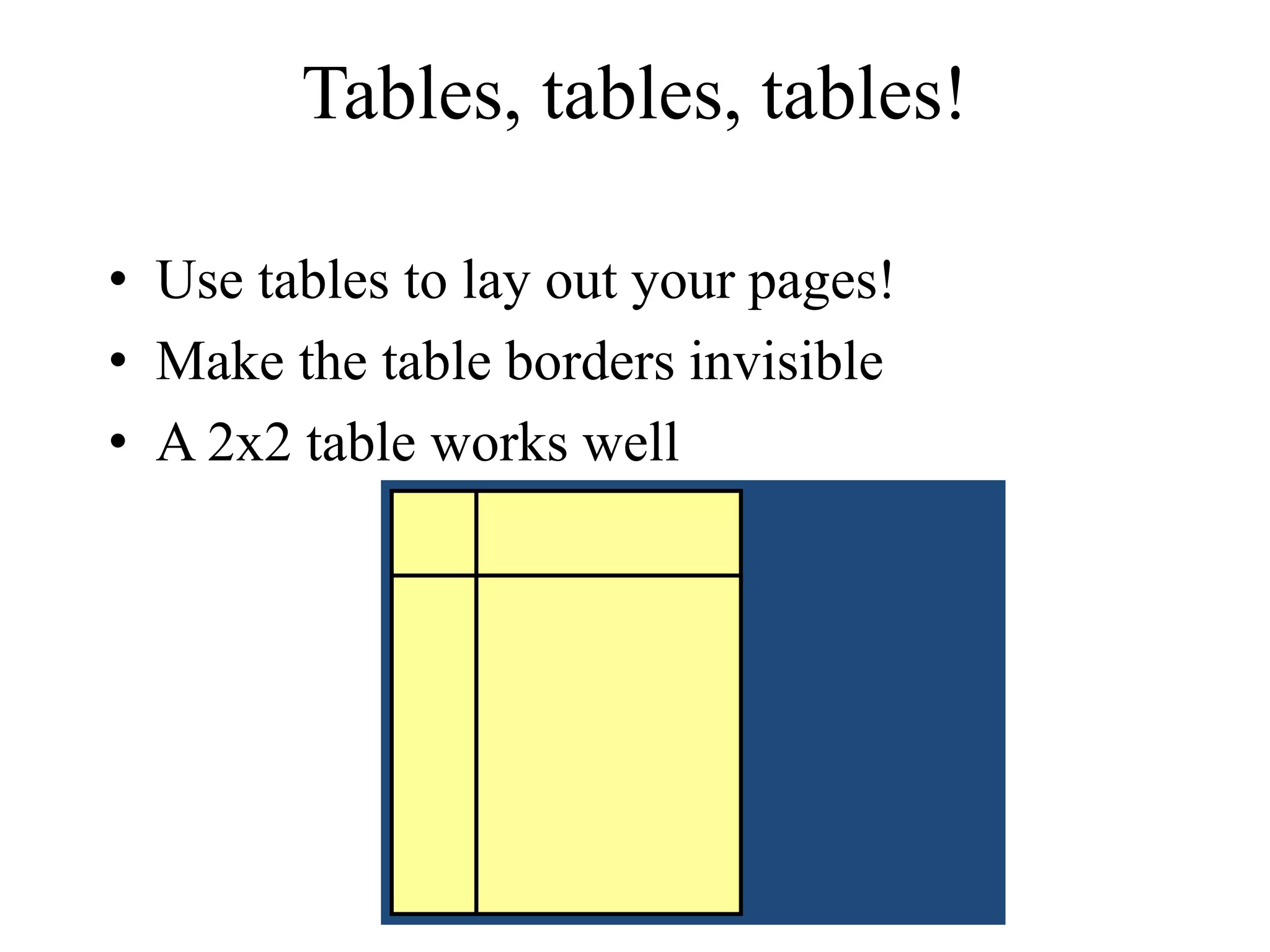 Tables, tables, tables!
• Use tables to lay out your pages!
• Make the table borders invisible
• A 2x2 table works well
 