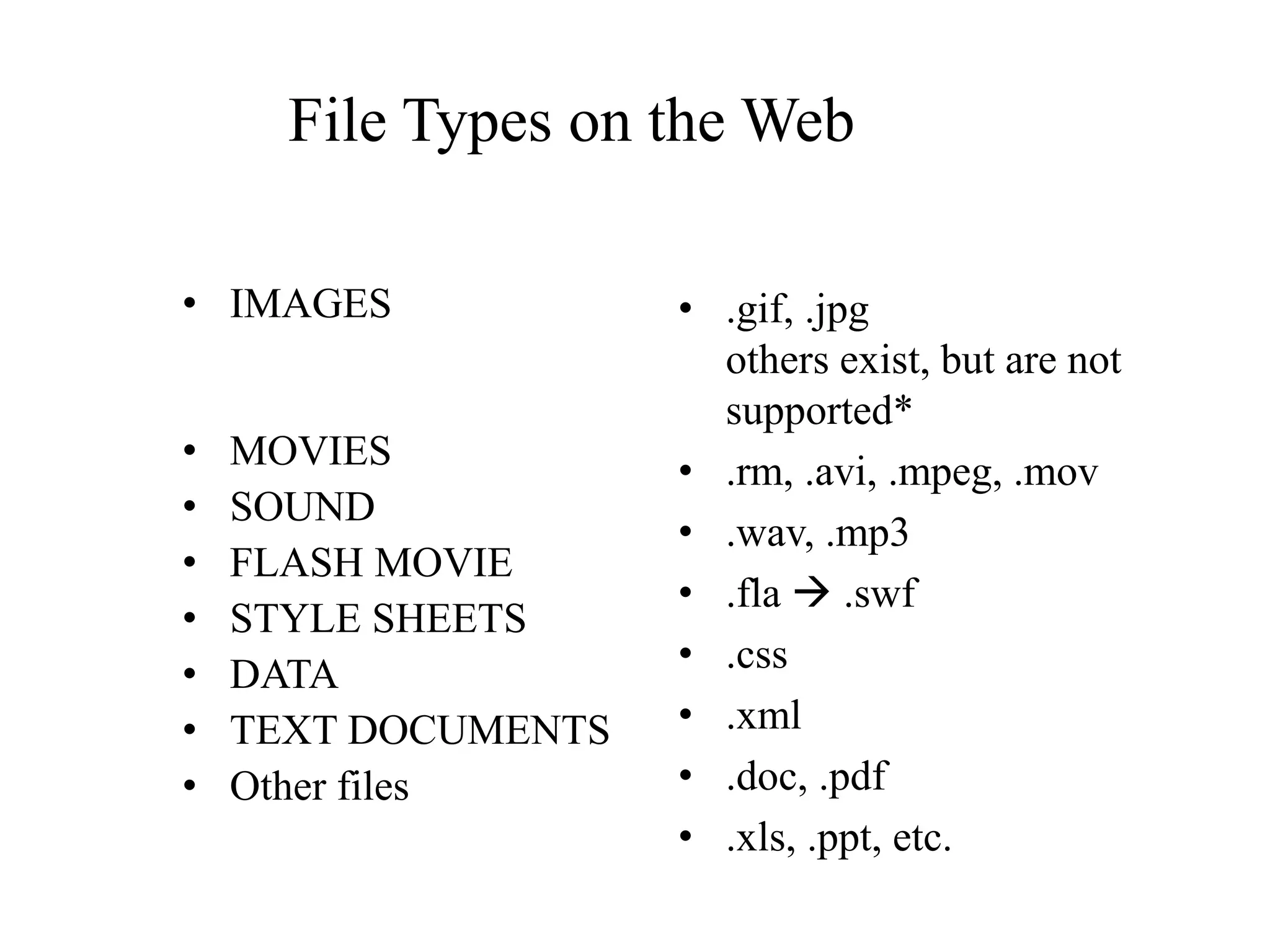 File Types on the Web
• IMAGES
• MOVIES
• SOUND
• FLASH MOVIE
• STYLE SHEETS
• DATA
• TEXT DOCUMENTS
• Other files
• .gif, .jpg
others exist, but are not
supported*
• .rm, .avi, .mpeg, .mov
• .wav, .mp3
• .fla  .swf
• .css
• .xml
• .doc, .pdf
• .xls, .ppt, etc.
 