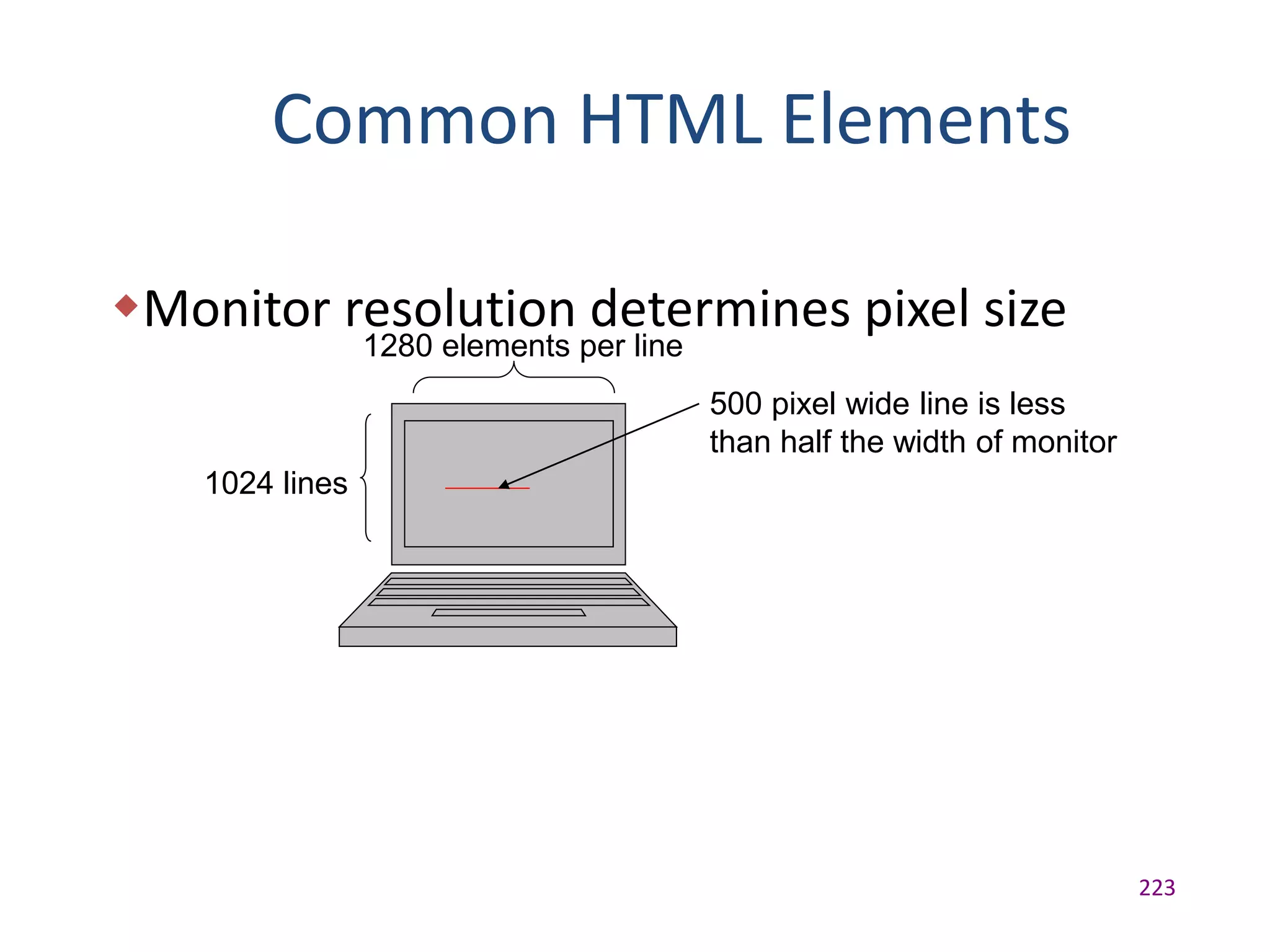 223
Common HTML Elements
Monitor resolution determines pixel size
1024 lines
1280 elements per line
500 pixel wide line is less
than half the width of monitor
 