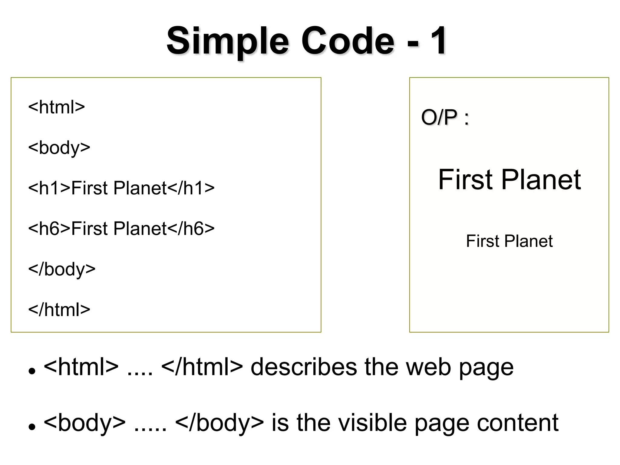 Simple Code - 1
First Planet
First Planet
 <html> .... </html> describes the web page
 <body> ..... </body> is the visible page content
<html>
<body>
<h1>First Planet</h1>
<h6>First Planet</h6>
</body>
</html>
O/P :
 
