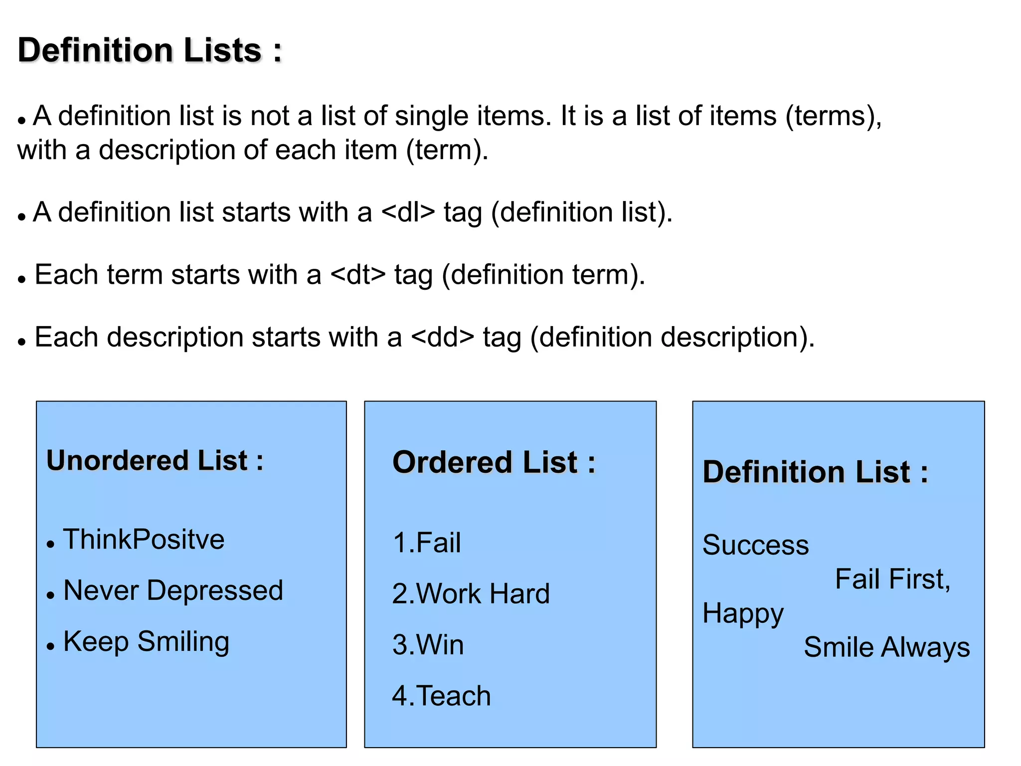 Definition Lists :
 A definition list is not a list of single items. It is a list of items (terms),
with a description of each item (term).
 A definition list starts with a <dl> tag (definition list).
 Each term starts with a <dt> tag (definition term).
 Each description starts with a <dd> tag (definition description).
Unordered List :
 ThinkPositve
 Never Depressed
 Keep Smiling
Ordered List :
1.Fail
2.Work Hard
3.Win
4.Teach
Definition List :
Success
Fail First,
Happy
Smile Always
 