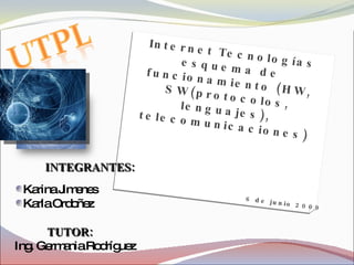 Internet Tecnologías esquema de funcionamiento (HW, SW(protocolos, lenguajes), telecomunicaciones) ,[object Object],[object Object],[object Object],[object Object],[object Object],6 de junio 2009 