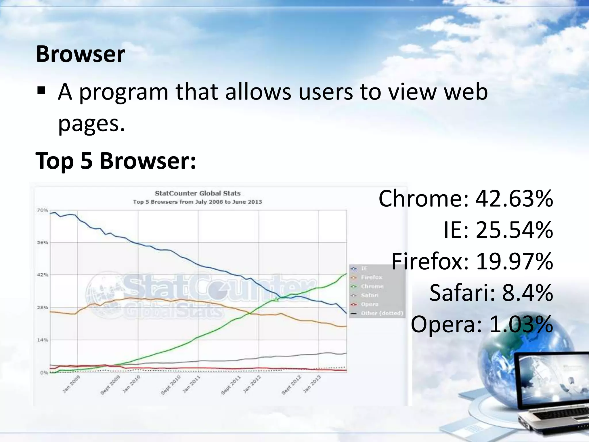 Browser
 A program that allows users to view web
pages.
Top 5 Browser:
Chrome: 42.63%
IE: 25.54%
Firefox: 19.97%
Safari: 8.4%
Opera: 1.03%

 