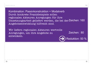 14




Qualität bei Online-Texten (1)
 Ein Text wird webgerecht…
                  g

   wenn er strukturiert ist

   wenn er nach j
              h journalistischen Q lität k it i
                      li ti h    Qualitätskriterien aufgebaut i t
                                                      fg b t ist

   wenn er vernetzt ist (modularisiert)

   wenn er das Potenzial der Interaktivität nutzt

   wenn er im Netz gefunden werden kann
 