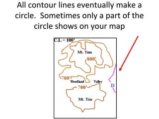 All contour lines eventually make a
circle. Sometimes only a part of the
circle shows on your map

 