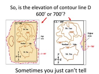 So, is the elevation of contour line D
600’ or 700’?

Sometimes you just can’t tell

 