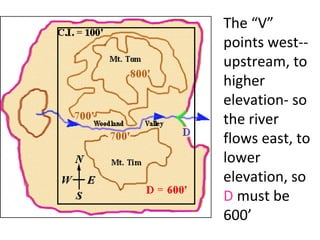 The “V”
points west-upstream, to
higher
elevation- so
the river
flows east, to
lower
elevation, so
D must be
600’

 