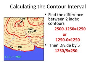 Calculating the Contour Interval
• Find the difference
between 2 index
contours
2500-1250=1250
or
1250-0=1250
• Then Divide by 5
1250/5=250

 