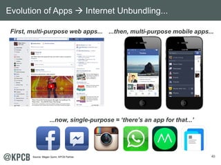 40
First, multi-purpose web apps... ...then, multi-purpose mobile apps...
...now, single-purpose = ‘there’s an app for that...’
Cindy Cheng
Evolution of Apps Internet Unbundling...
Source: Megan Quinn, KPCB Partner.
 