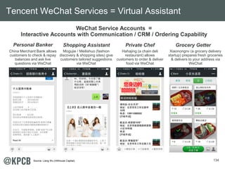 134
WeChat Service Accounts =
Interactive Accounts with Communication / CRM / Ordering Capability
Personal Banker Private ...