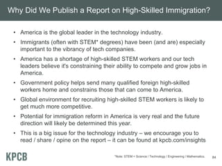 Why Did We Publish a Report on High-Skilled Immigration?
• America is the global leader in the technology industry.
• Immigrants (often with STEM* degrees) have been (and are) especially
important to the vibrancy of tech companies.
• America has a shortage of high-skilled STEM workers and our tech
leaders believe it's constraining their ability to compete and grow jobs in
America.
• Government policy helps send many qualified foreign high-skilled
workers home and constrains those that can come to America.
• Global environment for recruiting high-skilled STEM workers is likely to
get much more competitive.
• Potential for immigration reform in America is very real and the future
direction will likely be determined this year.
• This is a big issue for the technology industry – we encourage you to
read / share / opine on the report – it can be found at kpcb.com/insights
84*Note: STEM = Science / Technology / Engineering / Mathematics.
 