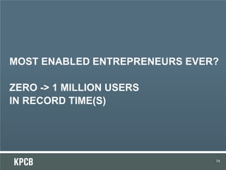 MOST ENABLED ENTREPRENEURS EVER?
ZERO -> 1 MILLION USERS
IN RECORD TIME(S)
74
 