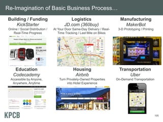 Re-Imagination of Basic Business Process…
Building / Funding
KickStarter

Logistics
JD.com (360buy)

Manufacturing
MakerBot

Online / Social Distribution /
Real-Time Progress

At Your Door Same-Day Delivery / RealTime Tracking / Last Mile on Bikes

3-D Prototyping / Printing

Education
Codecademy

Housing
Airbnb

Transportation
Uber

Accessible by Anyone,
Anywhere, Anytime

Turn Privately-Owned Properties
into Hotel Experience

On-Demand Transportation

105

 