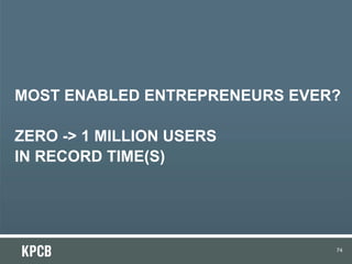MOST ENABLED ENTREPRENEURS EVER?
ZERO -> 1 MILLION USERS
IN RECORD TIME(S)

74

 