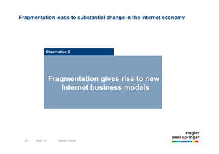 Fragmentation leads to substantial change in the Internet economy




              Observation 2




                  Fragmentation gives rise to new
                     Internet business models




  20   Sept `10     Internet Trends
 