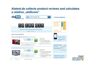 Alatest.de collects product reviews and calculates
 a relative „alaScore“




     25              22.10.2009             New Media International
25        Sept `10        Internet Trends
 