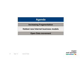 Agenda
                             Increasing Fragmentation

                Hottest new Internet business models

                                  Open Data movement




27   Sept `10   Internet Trends
 