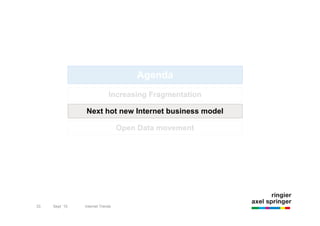 Agenda
                             Increasing Fragmentation

                Next hot new Internet business model

                                  Open Data movement




33   Sept `10   Internet Trends
 